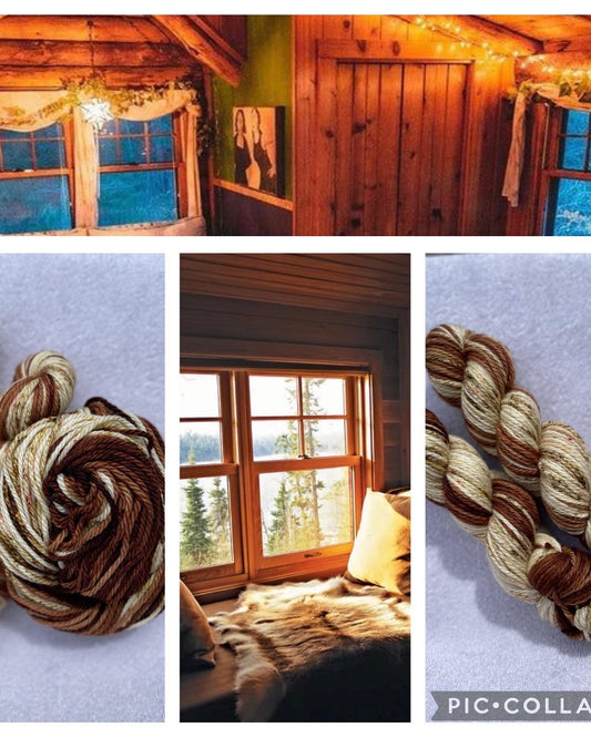 Cabin Vibes, bulky weight 100% super wash merino wool. Brown, beige golds