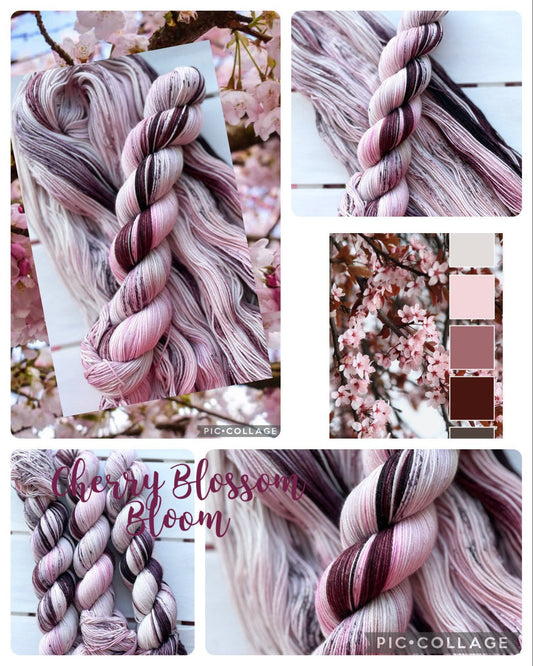 Cherry Blossom Bloom, full skein DK & fingering/sock, and mini set, pink, grey. Merino/nylon yarn