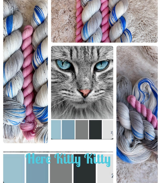 Here Kitty, Kitty, greys, blue, fingering superwash merino wool