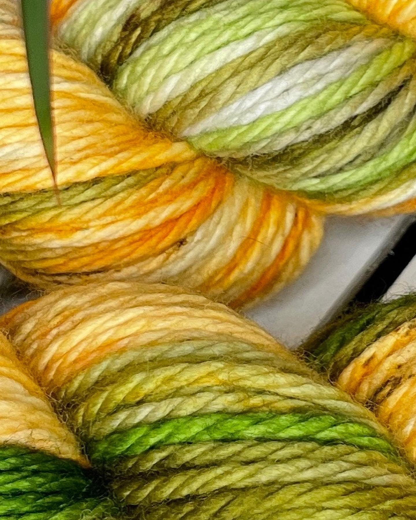 Mountain Meadows, bulky green and golden 100%superwash merino handdyed wool