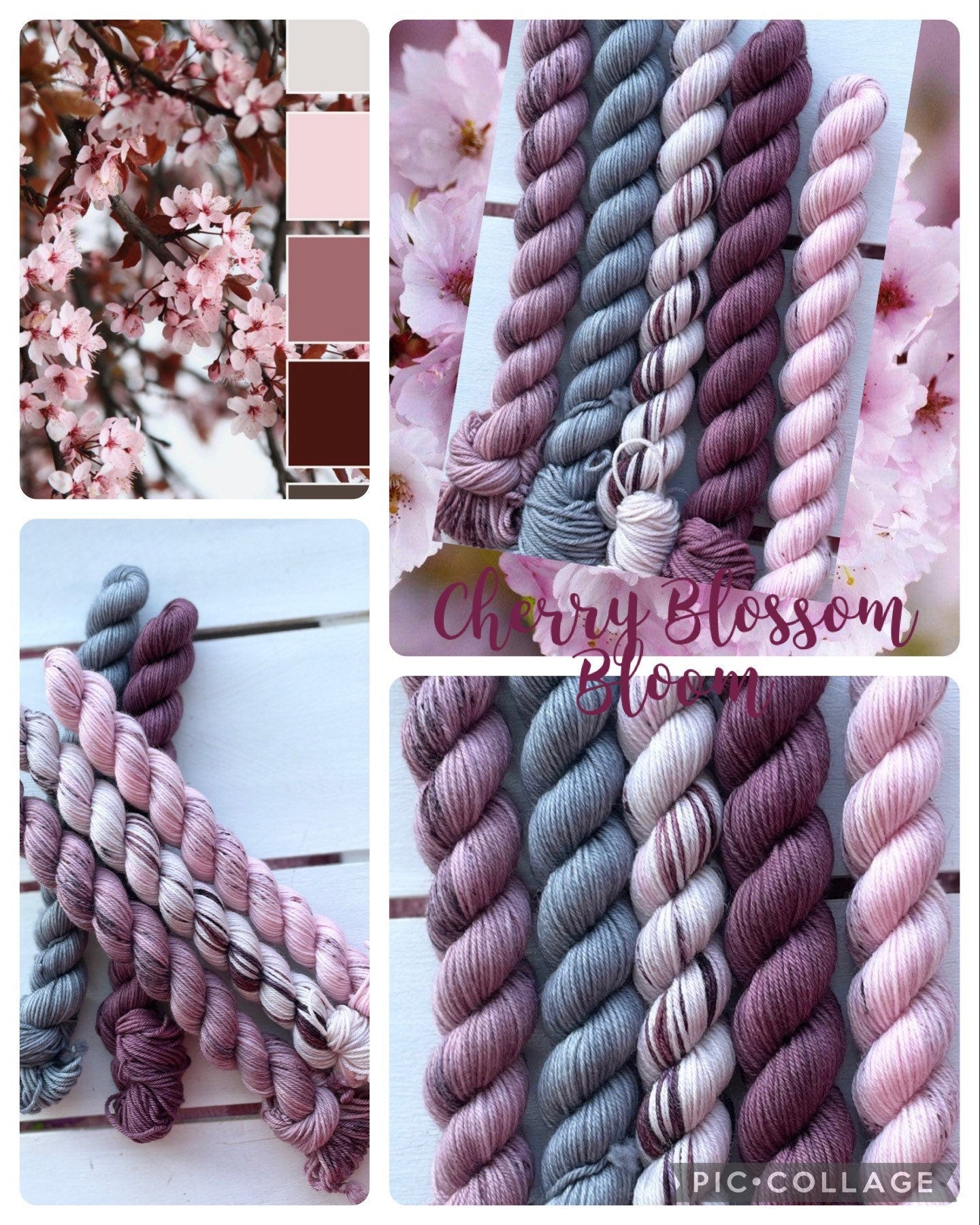 Cherry Blossom Bloom, full skein DK & fingering/sock, and mini set, pink, grey. Merino/nylon yarn