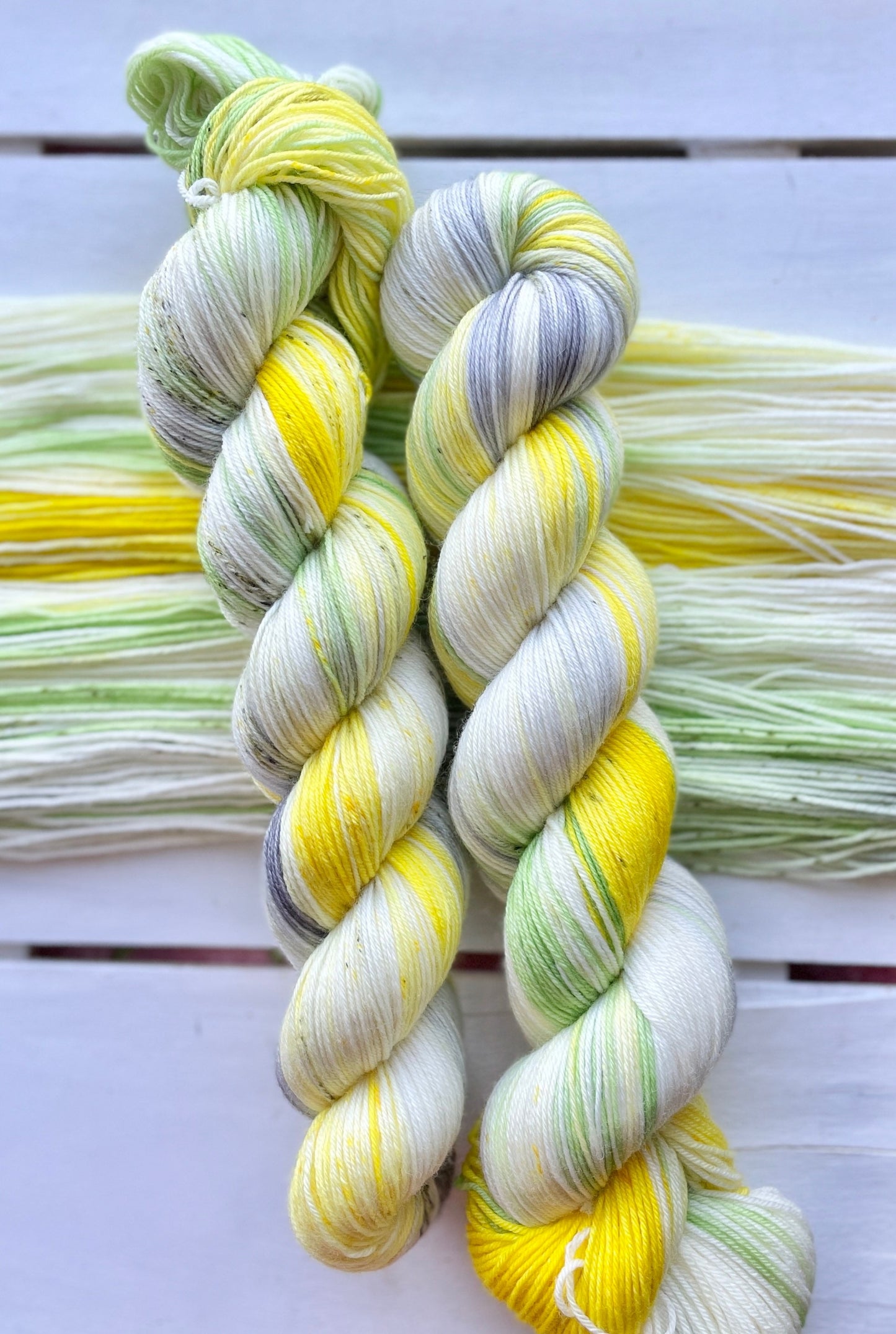 Daisy’s in Waiting, yellow, grey, green superwash merino wool