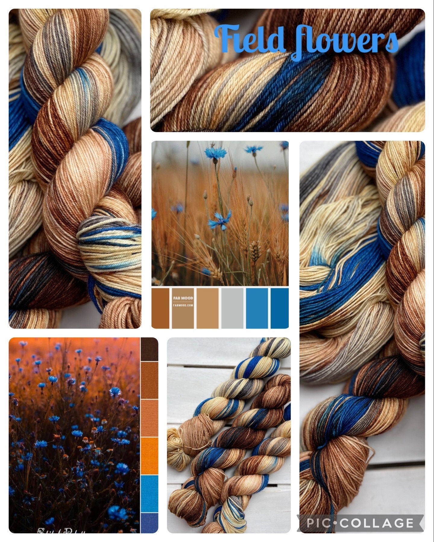 Field Flowers, tans, deep browns and a vibrant blue