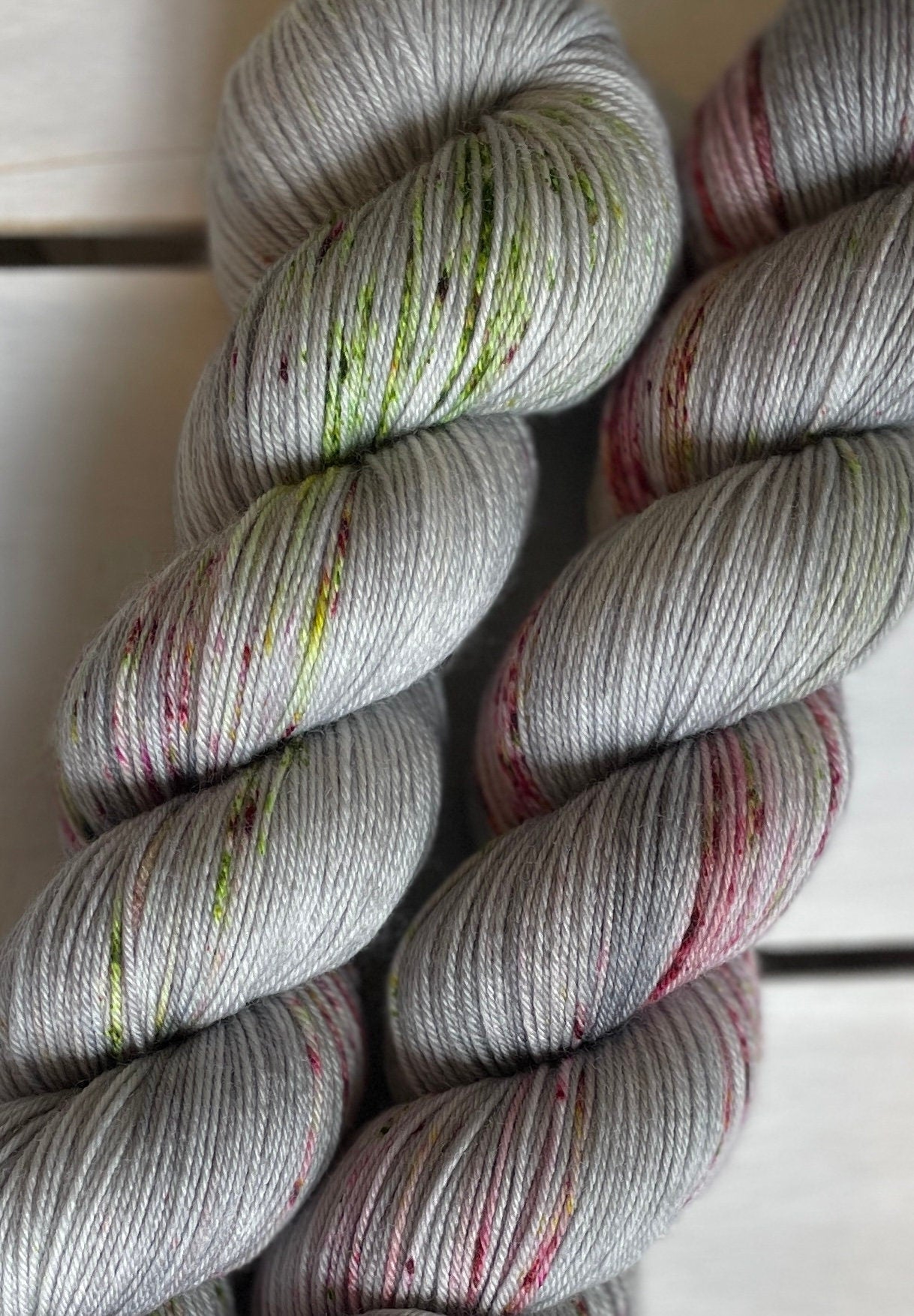 Cozy Up, gray, pink, green, superwash merino wool fingering