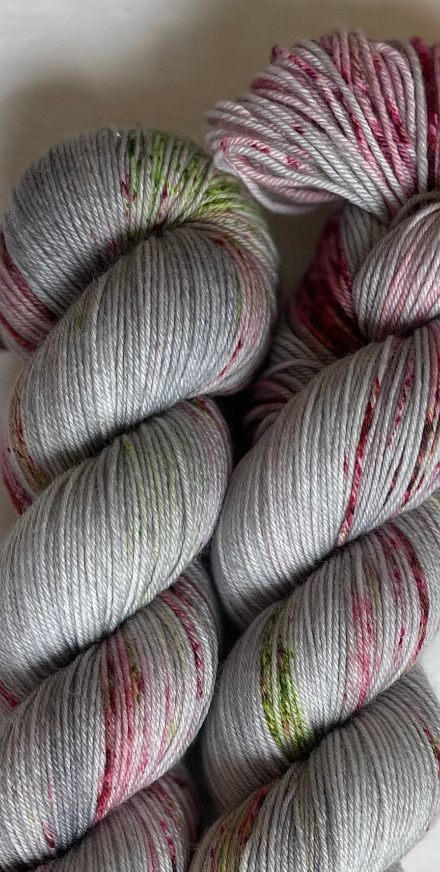 Cozy Up, gray, pink, green, superwash merino wool fingering