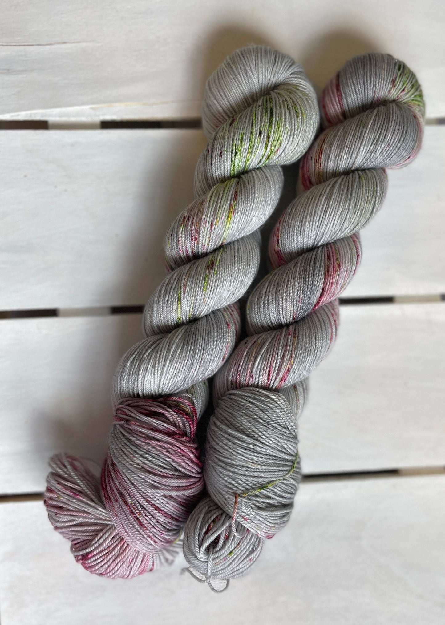 Cozy Up, gray, pink, green, superwash merino wool fingering