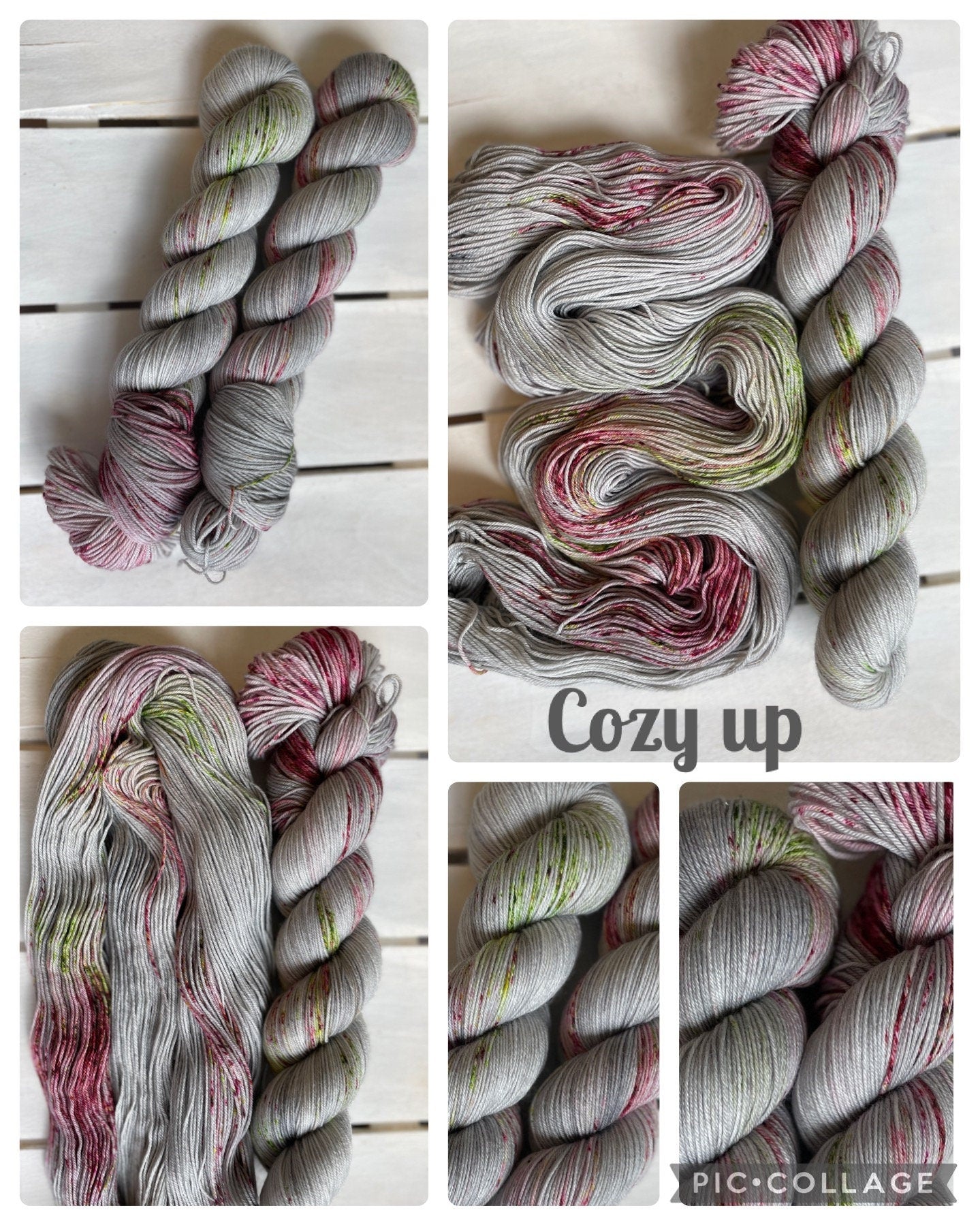 Cozy Up, gray, pink, green, superwash merino wool fingering