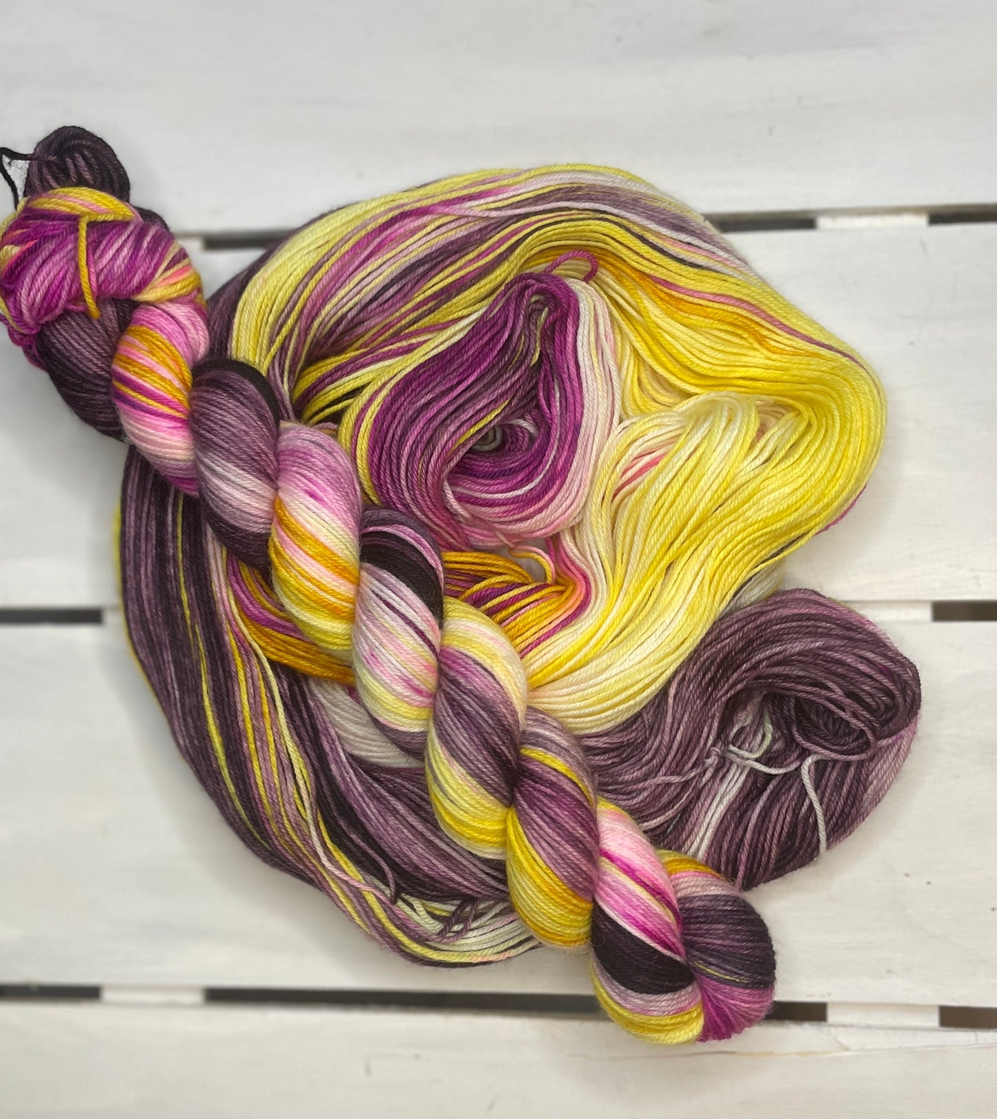 Purple Sun Daisy, fingering, Purple, yellow, pink, superwash merino wool