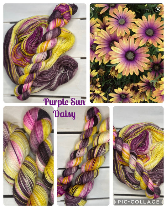 Purple Sun Daisy, fingering, Purple, yellow, pink, superwash merino wool