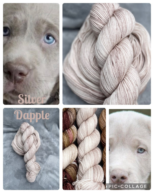 Silver Dapple, beige,grey,silver tones, superwash merino wool