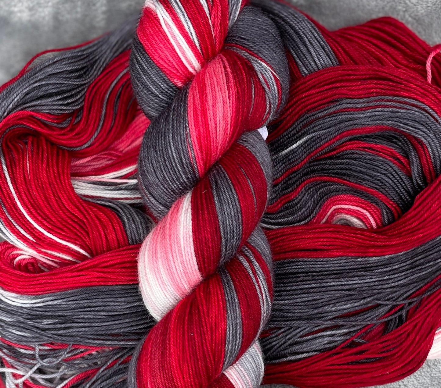 Hellfire & Brimstone, red,grey, white super wash merino wool